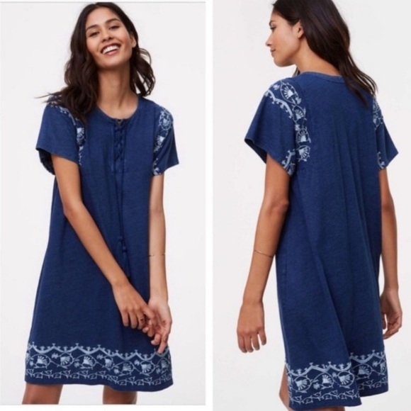 Loft Chambray Fairy Embroidered Lace Up Short Sleeve Mini Dress Size Small - Picture 1 of 7